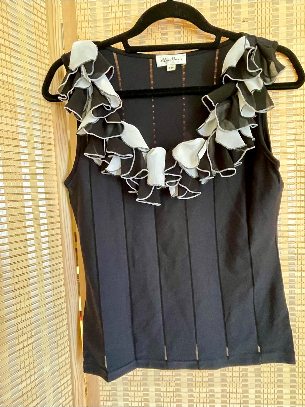 Blanc Nature Black and White Ruffle Neck Sleeveless Top